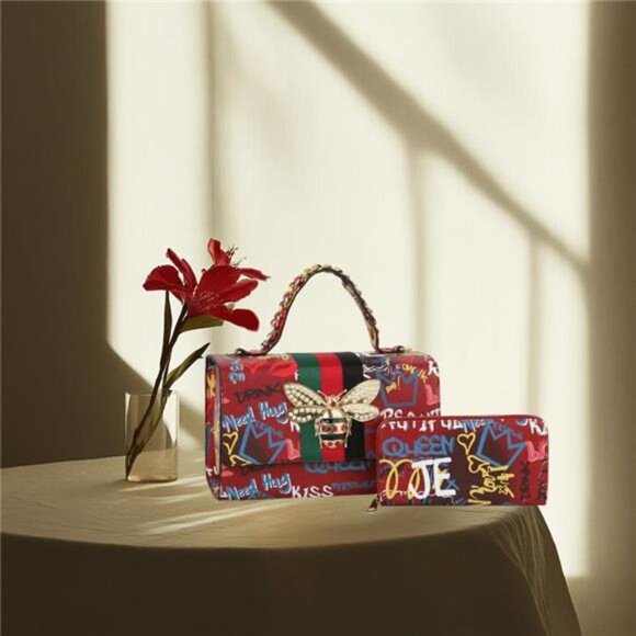 Large Bold Graffiti Print Handbag & Wallet Set With Bee Detail - Picture 2 of 5